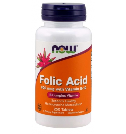 Now Foods Folic Acid with Vitamin B12, 800mcg 250 Tablets